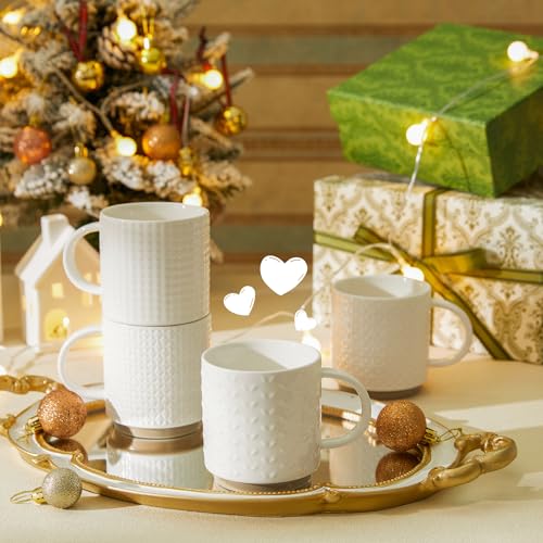 Sweese Stackable Coffee Mugs Set of 4, 10 oz Porcelain Coffee Cups with Embossed Design, White Cappuccino Cups for Coffee, Latte