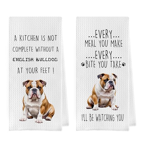 English Bulldog Dish Towels Set - Funny English Bulldog Gifts Decorative Waffle Weave Kitchen Towels, Hand Tea Towel, (16×24 Inches, Set of 2) - color: English Bulldog