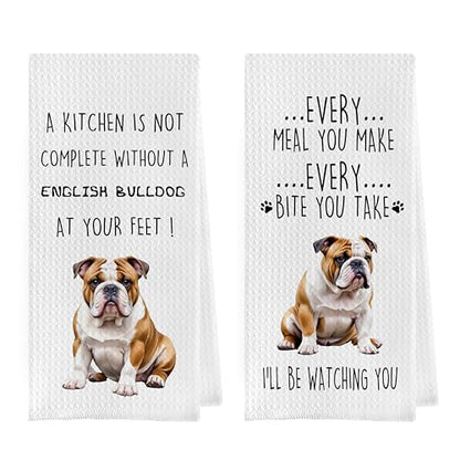 English Bulldog Dish Towels Set - Funny English Bulldog Gifts Decorative Waffle Weave Kitchen Towels, Hand Tea Towel, (16×24 Inches, Set of 2) - color: English Bulldog