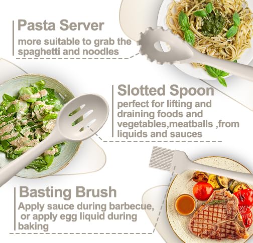 Silicone Kitchen cooking Utensils Set, AIKKIL 43 Pcs Heat Resistant Khaki Cooking Utensils Set, Turner, Tongs, Spoon, Spatula, Kitchen Gadgets Tools Set For Nonstick Cookware(Dishwasher, BPA Free) - color: Khaki