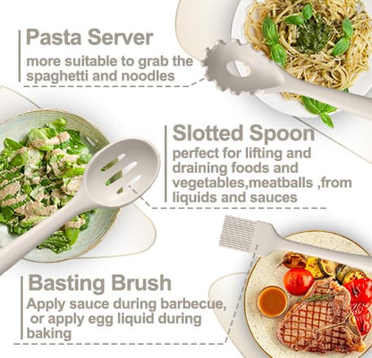 Silicone Kitchen cooking Utensils Set, AIKKIL 43 Pcs Heat Resistant Khaki Cooking Utensils Set, Turner, Tongs, Spoon, Spatula, Kitchen Gadgets Tools Set For Nonstick Cookware(Dishwasher, BPA Free) - color: Khaki