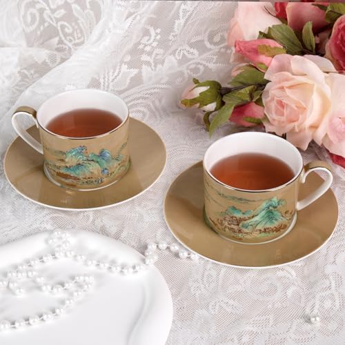 KAMMAK Tea Cups and Saucers Set of 2, Porcelain Coffee Cups, JBE009 | Stackable Espresso Mugs, Ceramic Demitasse for Coffee, Cappuccino, Latte, Americano, Tea - size: 8CZJBE009