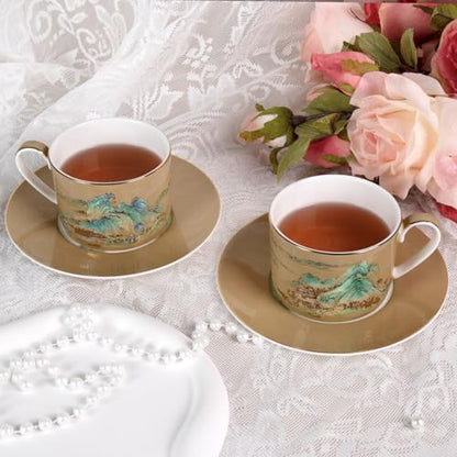 KAMMAK Tea Cups and Saucers Set of 2, Porcelain Coffee Cups, JBE009 | Stackable Espresso Mugs, Ceramic Demitasse for Coffee, Cappuccino, Latte, Americano, Tea - size: 8CZJBE009