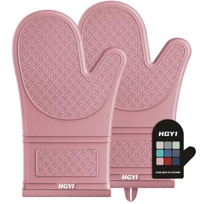 Silicone Oven Mitts, Heat Resistant Oven Gloves with Quilted Liner, Waterproof & Non-Slip Kitchen Mittens for Baking Cooking BBQ, 500°F, 12.5"-Rose Pink - color: Rose Pink