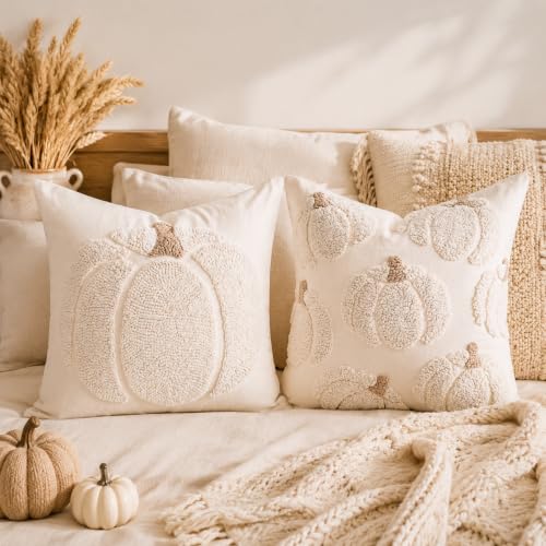 Fall Tufted Pumpkin Pillow Covers Set of 2 20x20, Farmhouse Beige - color: Beige, size: 20" x 20" (Pack of 2)