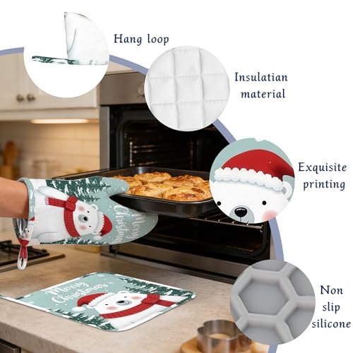 Cute Polar Bear Oven Mitts and Pot Holders Winter Merry Christmas Silicone Kitchen Accessories Set of 4 Heat Resistant Non-Slip Long Gloves Potholder for Chef Cooking Baking Gifts Women Men - color: Cute Polar Bear,winter Merry Christmas
