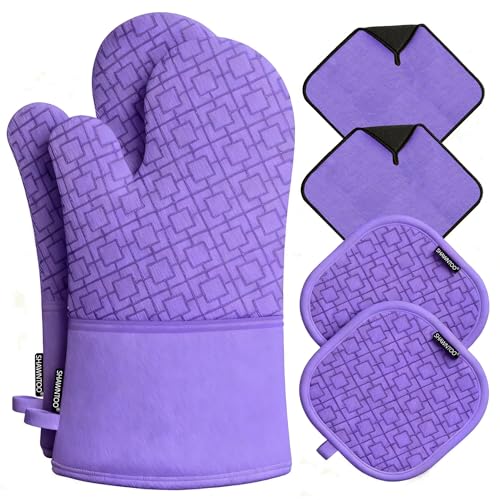 Oven Mitts and Pot Holders Sets 6pcs, Kitchen Oven Glove,High Heat Resistant 550 Degree Extra Long Oven Mitts and Potholders with Non-Slip Silicone Surface for Home Essentials (Grey) (Purple) - color: Purple