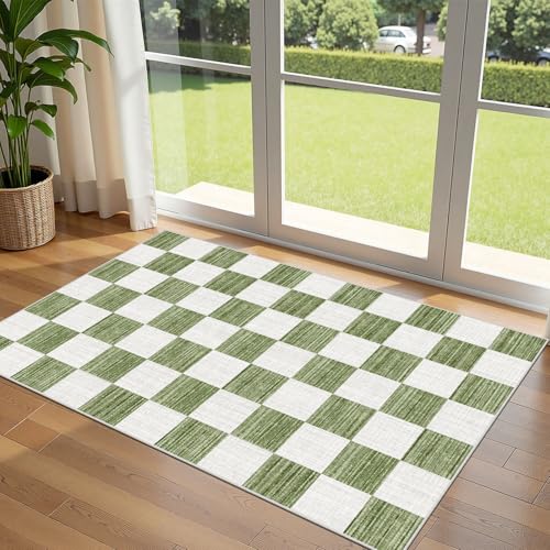 Green White Checkered Entry Rug - 3x5 Non-Slip Indoor Outdoor Rugs | Washable Front Door Mat Outside Entrance Porch Rug Geometric Rugs for Living Room Bedroom Entryway Kitchen Office Porch Decor - color: Checkered - Green / White, size: 3' x 5' (Rectangul