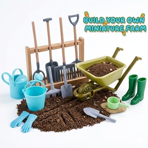 1:12 Scale Miniature Dollhouse Garden Tools Set | Mini Plastic Gardening Kit, Shovel, Rake, Hoe & Watering Can, Fairy Garden, Micro Landscape & DIY Craft Decoration