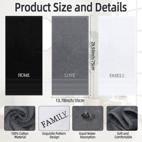 3 Pcs Bathroom Towels Decorative Set, Bathroom Decor Towels, Farmhouse Decorative Hand Towel, Embroidered 100% Cotton, Black Decoratives Towel for Bathrooms Boho Decor (Home Love Family)