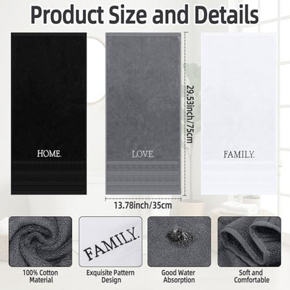 3 Pcs Bathroom Towels Decorative Set, Bathroom Decor Towels, Farmhouse Decorative Hand Towel, Embroidered 100% Cotton, Black Decoratives Towel for Bathrooms Boho Decor (Home Love Family)