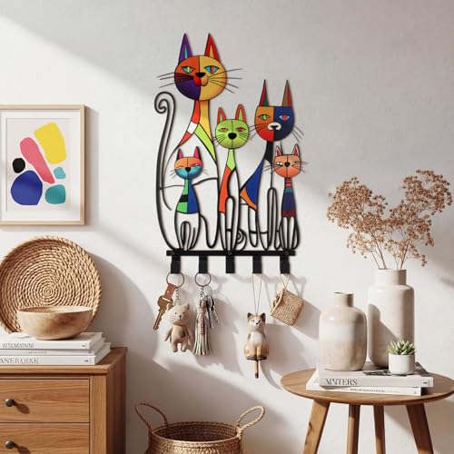 Mid Century Wall Mounted Coat Rack with 5 Hooks Retro Colorful Cat Wall Art Decor Decorative Black Metal Hanger for Coats, Hats, Bags, Keys, Towels for Home, Bathroom, Office(Vintage) - style: Vintage