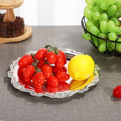 SEWACC 7.87 inch Round Silver Serving Tray Iron Snack Serving Platter for Food Desserts Fruit and Jewelry Display Elegant Party Serveware for Entertaining - color: Silver