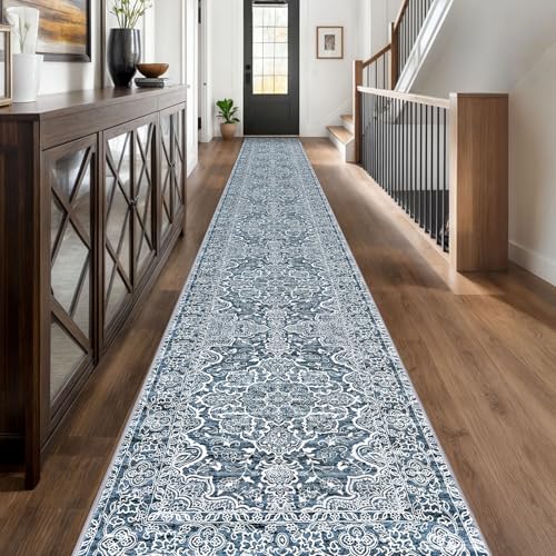 KUTA Extra Long Hallway Runner2.6x20 Washable Blue Vintage Stair Runners | Non-Slip, Non-Shedding, Low Pile, Easy Clean Distressed Flower Rugs For Kitchen Stair Entryway Bedroom Laundry Foyer - color: Blue Floral, size: 2'7" x 20' (Runner)