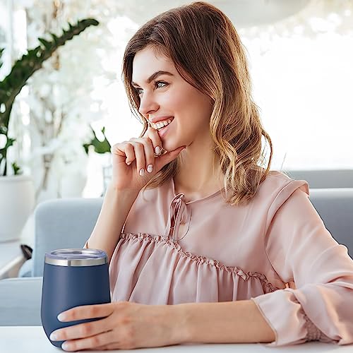 COMOOO 12oz Stainless Steel Wine Tumbler with Lid and Straw Double Wall Vacuum Insulated Wine Tumbler Cup Stemless for Hot and Cold Drinks, Coffee, Wine, Cocktails Navy, 8 Pack - color: Navy