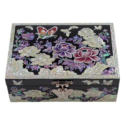 Korean Mother-of-Pearl Keepsake Box with Mirror – Floral & Butterfly Inlay – Handmade Trinket Memory Box – Black Lacquer Gift for Women, Birthday, Anniversary, Christmas (Peony & Butterfly) - style: Peony & Butterfly