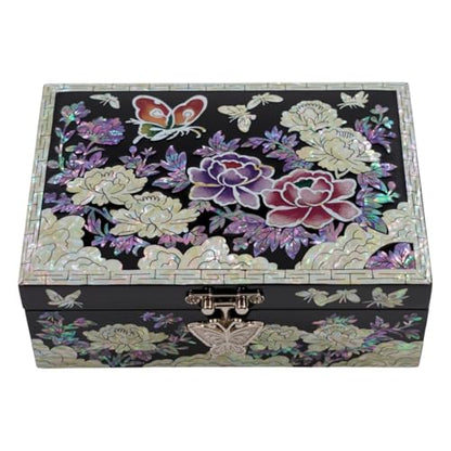 Korean Mother-of-Pearl Keepsake Box with Mirror – Floral & Butterfly Inlay – Handmade Trinket Memory Box – Black Lacquer Gift for Women, Birthday, Anniversary, Christmas (Peony & Butterfly) - style: Peony & Butterfly