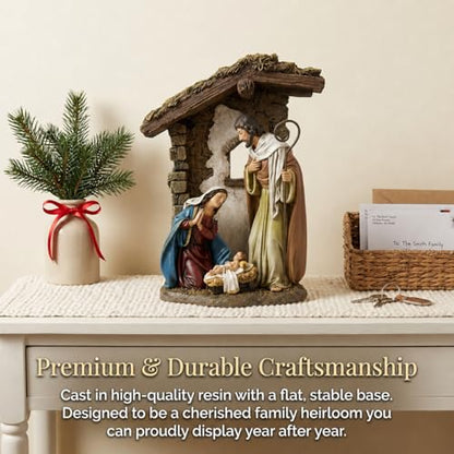 10 Inch Catholic Holy Family Statue, Nativity Scene Indoor, Joseph, Mary, & Jesus, Resin Figurine with Stable Backdrop, Hand-Painted Tabletop Decoration for Home, Traditional Christian Religious Gift