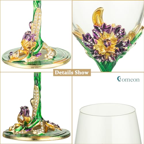 Comeon Flower Wine Glasses Hand Painted Wine Glasses Green 2 Set | Green Enamels Floral Design, Included Gift Box, Transparent Glass, Long Stem Crystal Red Wine Glasses - color: Green/ 2 set (gift box)