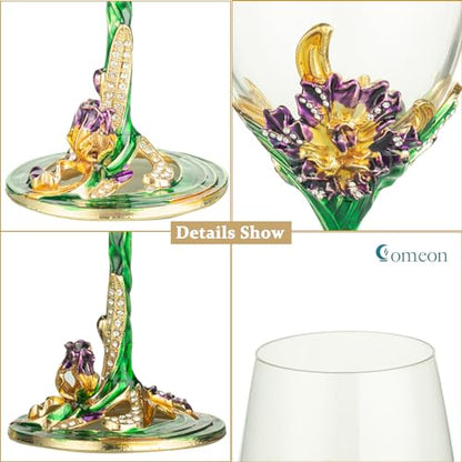 Comeon Flower Wine Glasses Hand Painted Wine Glasses Green 2 Set | Green Enamels Floral Design, Included Gift Box, Transparent Glass, Long Stem Crystal Red Wine Glasses - color: Green/ 2 set (gift box)