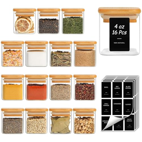 ComSaf Glass Spice Jars with Labels 4 oz 16 Pack Small Square Bamboo Lids | Empty Containers, Seasoning Herbs Powders, Salt Pepper Chili, Spice Rack Organization, Kitchen Cabinet Storage, Dry Goods