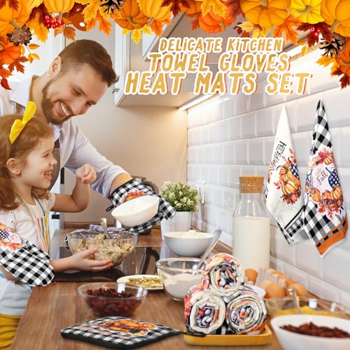 Pickmesh 12 Pcs Fall Kitchen Towels and Oven Mitt Sets 4 Maple Leaf Oven Mitts 4 Harvest Dish Towels and 4 Plaid Pot Pumpkin Holders Cooking Accessories for Thanksgiving Autumn Kitchen Decoration - style: Pumpkin