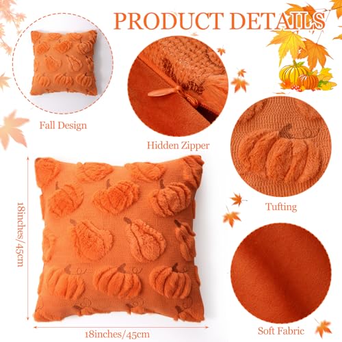 Tiamon 4 Pcs Fall Throw Pillow Covers 18 x 18 Inch Autumn Pillow Cases 3D Embroidered Pumpkin Leaf Plush Fluffy Faux Fur Cushion Covers for Thanksgiving Harvest Decoration Farmhouse Home Sofa Couch - style: Fall A