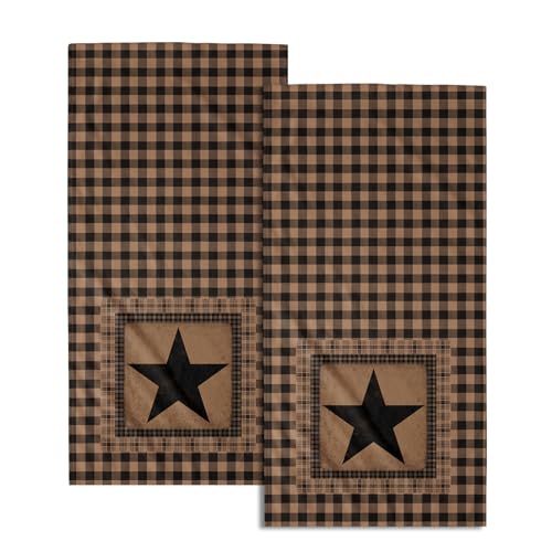 Vintage Western Texas Star Hand Towels for Bathroom Set of 2, Primitive Black Brown Decorative Buffalo Plaid Farmhouse Small Bath Towel Kitchen Dish Guest Towel for Home Spa Hotel 14.4 x 28.3 Inch - color: Retro Star