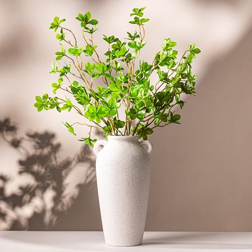 12 Inch Tall White Ceramic Vase, with 5 Branches of 25 Inch Faux Artificial Vibrant Greenery Stems Set, Textured Minimalist Jug, Fake Stem Plants, Decorative Farmhouse, Console Table Centerpiece Decor - color: Sandy White