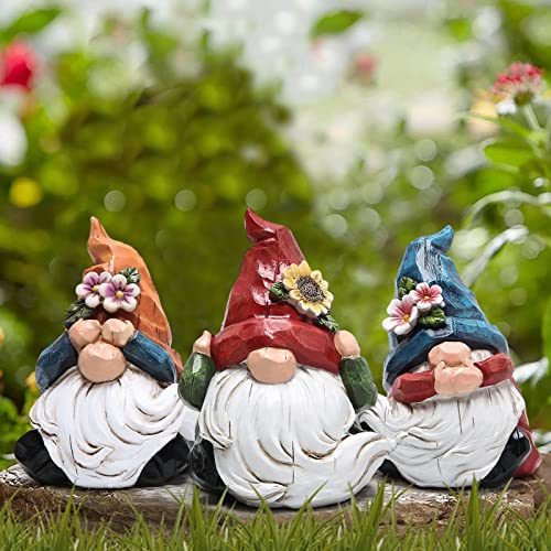 Hodao Spring Gnome Decor Set of 3, Resin Three Wise Gnomes Figurines with See No Evil Hear No Evil Speak No Evil Design, Floral Tiered Tray Shelf Table Accent, Farmhouse Gift Idea - style: Three Wise Gnom-2