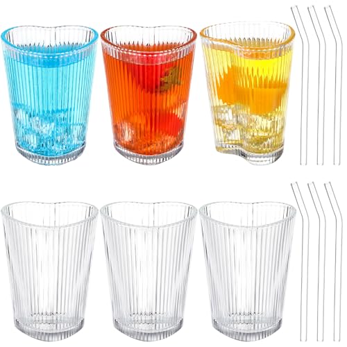 Skylety 6 Sets Heart Shaped Glass Tumbler with Straw Cute Drinking Cup Shot Glass for Juice Beer Cocktail Whiskey Summer Drinkware for Party Home Bar Club Restaurant Supplies, 5 oz(Vertical Stripes) - style: Vertical Stripes