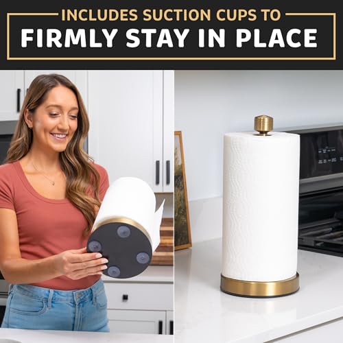 Heavy-Duty Stainless Steel Paper Towel Holder - Easy One-Handed Tear with Suction Cups - Modern Weighted Standing Countertop Dispenser for Kitchen - Holds All Paper Towel Rolls, Gold - color: Gold