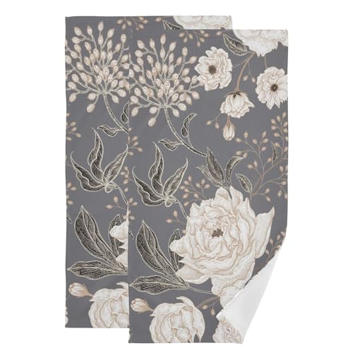 Vintage Beige Brown Grey Floral Hand Towels for Bathroom Set of 2,Absorbent Rustic Peony Flower Leave Plant Kitchen Towels 14"x28",Decorative Bathroom Towels for Bath,Face,Guest,Hair,Shower - color: Grey Beige