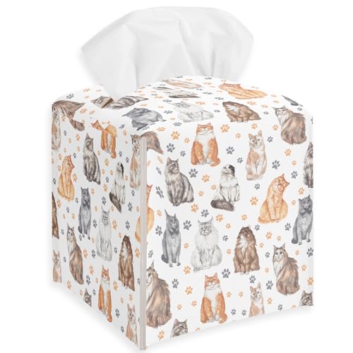 Cute Cats Leather Tissue Box Cover, Gift for Cat Lover, Square Facial Paper Organizer Dispenser for Bathroom Kitchen Bedroom Vanity Countertop Nightstands - color: Cats Paws-b