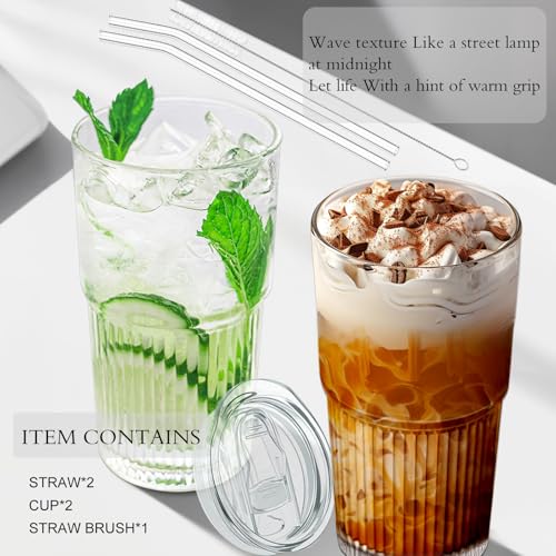 Luiaiog 18.5oz Glass Cups with Lids and Straws - Set of 2 Reusable Tumblers, Thickened Shatter-Resistant Glass, Ideal for Iced Coffee, Smoothies, Cocktails, Juices - Elegant & Durable Drinkware - color: Clear 2pcs 18.5oz