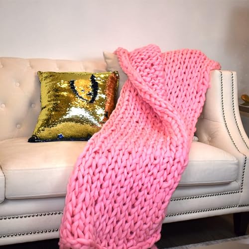 Chunky Knit Blanket (50 x 60 Inches) Warm Soft Cozy for Lounge Sofa & Bedroom, Handmade Knitted Yarn Throw Blanket (Pink, 1) - color: Pink