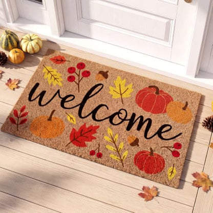 Fall Pumpkin Welcome Doormat, 16.5x30in Faux Coir Welcome Door Mat | Non Slip Backing, Washable and Reusable, Quick Drying, Indoor Outdoor Porch Use, Autumn Thanksgiving Decor, Housewarming Gift - style: Autumn Theme