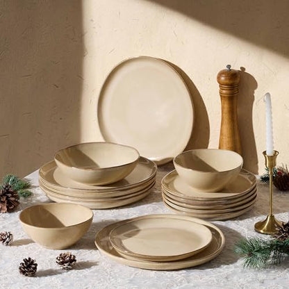 Herogo Dinnerware Sets for 8, 24pcs Stoneware Dinner Dish Set, Irregular Handmade Plates and Bowls Dishware, Crack and Scratch Resistant, Microwave & Dishwasher Safe, Cream Khaki - color: Cream Khaki, size: 8 Set (24pcs)
