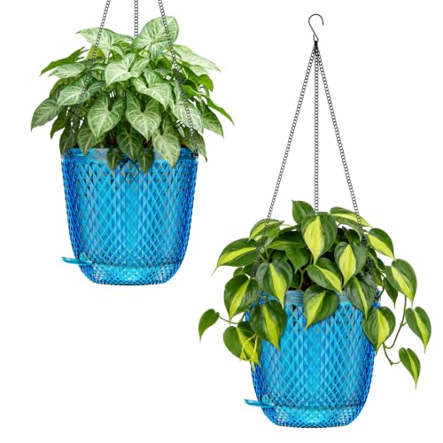 QCQHDU 5.7 Inch 2 Pack Small Hanging Planters for Indoor Outdoor Plants,Self Watering Flower Pots Hanging Basket Plant Hanger with Drainage Holes and 3 Hooks for Window Porch Garden Balcony, (Blue) - color: Blue, size: 5.7"+5.7"