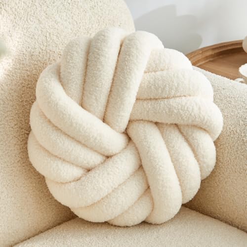 Knot Pillow,Cream White Decorative Pillows 13.7" | Round Throw Pillow,Boucle,PP Cotton Fill,Knotted Design,Simple Modern,Nordic Style,for Couch Sofa Bedroom - color: Cream White