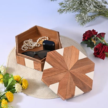 Perilla Home Hexagon Wooden Box, Brown and White, Wood and Resin, 9.54x8.07x3.15 Inch, Decorative - color: Brown and White