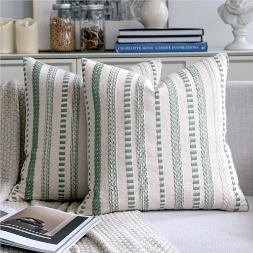 Cethom Sage Green Boho Throw Pillow Covers 20x20 Inch Set of 2, Stripe Textured Decorative Couch Pillow Cases for Bed, Sofa, Living Room, Bedroom, Farmhouse Home Accent Cushion Covers - color: Sage Green, size: 20" x 20" (Pack of 2)