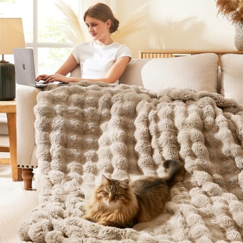 L'AGRATY Faux Rabbit Fur Throw Blanket for Couch, 90'' x 90'', Light Linen | Soft Cozy Bubble Fluffy Blanket for Sofa Bed, Thick Warm Plush Fuzzy Throw for Room Home Decor, Luxury Gift for Women Mom - color: Light Linen, size: 90" x 90"