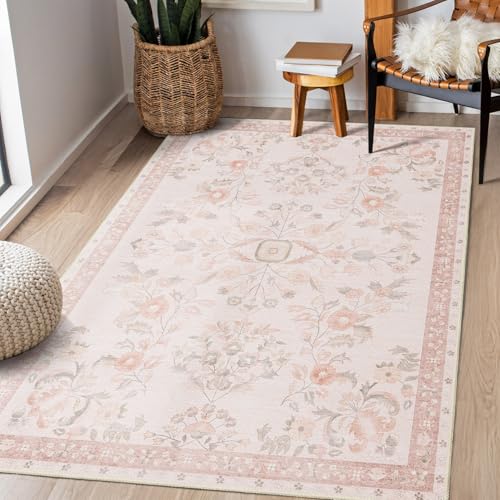 3x5 Rug Washable Floral Area Rugs Non Slip Ultra-Thin | Small Throw Carpet for Bedroom Entryway Living Room Office Kitchen Bedside Floor Indoor Low Pile Boho Vintage Pink - color: Pink, size: 3' x 5' (Rectangular)