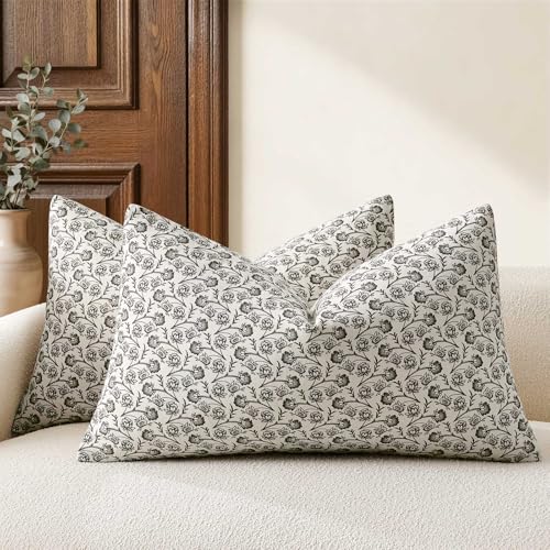 Ditsy Floral Lumbar Pillow Covers Set of 2, 12x20 Inch Charcoal | 100% Organic Cotton, Soft Breathable, Farmhouse Cottage Block Print Cushion Covers, Handcrafted for Sofa Couch Living Bedroom - color: Charcoal, size: 20" x 12" (Pack of 2)