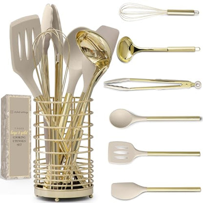 Styled Settings Beige & Gold Kitchen Utensils Set, 7-Piece | Silicone Cooking Utensils for Cooking, Serving, & Hosting - Ideal for Nonstick Cookware, with Gold Utensil Holder - color: 7 Piece Beige & Gold