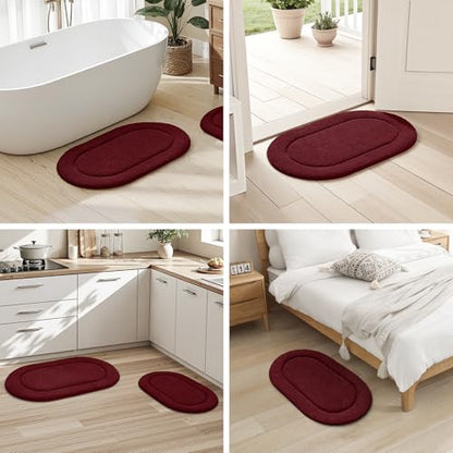 HOMEIDEAS Burgundy Red Oval Bathroom Rug Sets 2 Piece 20" x 32" + 16" x 24" | Microfiber Bath Mats, Non-Slip TPR Backing, Ultra Absorbent & Quick Dry, Machine Washable for Bathroom, Shower, Tub - color: Burgundy Red