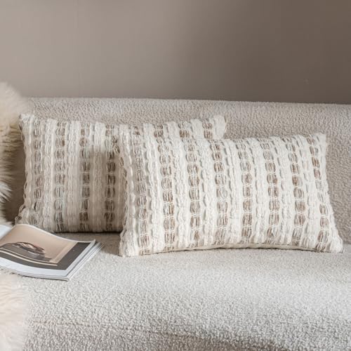 Caflife Boho Throw Pillow Covers 12x20 Inch Set of 2, Farmhouse Beige Striped Textured Chenille Decorative Couch Pillow Cases, Modern Rustic Accent Cushion Covers for Sofa Bed Living Room Bedroom - color: Beige, size: 20" x 12" (Pack of 2)