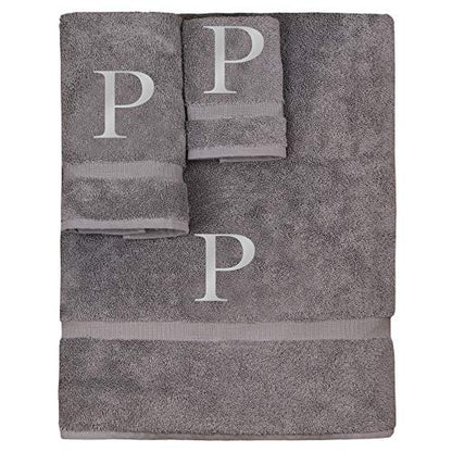 Monogrammed Towel Set, Personalized Gift, Set of 3- Silver Block Letter Embroidered Towel - Extra Absorbent 100% Turkish Cotton - Soft Terry Finish - Initial P Gray - color: Gray & Silver, size: Initial - P