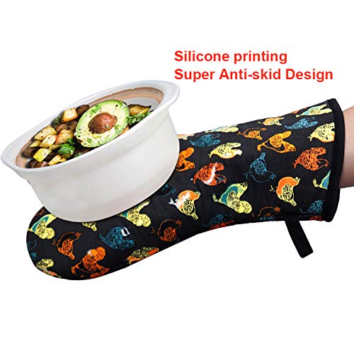 Oven Mitts 1 Pair, Non Slip Clear Silicone Printed Rooster Kitchen Gloves | Heat Resistant 480 ℉ Comfortable Cotton Lining Kitchen Men Cooking Barbecue Machine Washable (Rooster, Black Mittens) - color: Rooster, Black Mittens